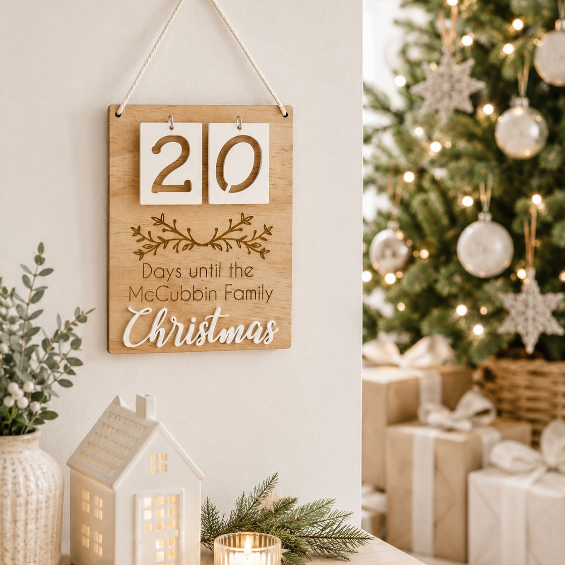 Personalised wooden Christmas countdown plaque with interchangeable number tiles, displayed in a light modern Christmas setting beside a decorated tree and wrapped gifts.