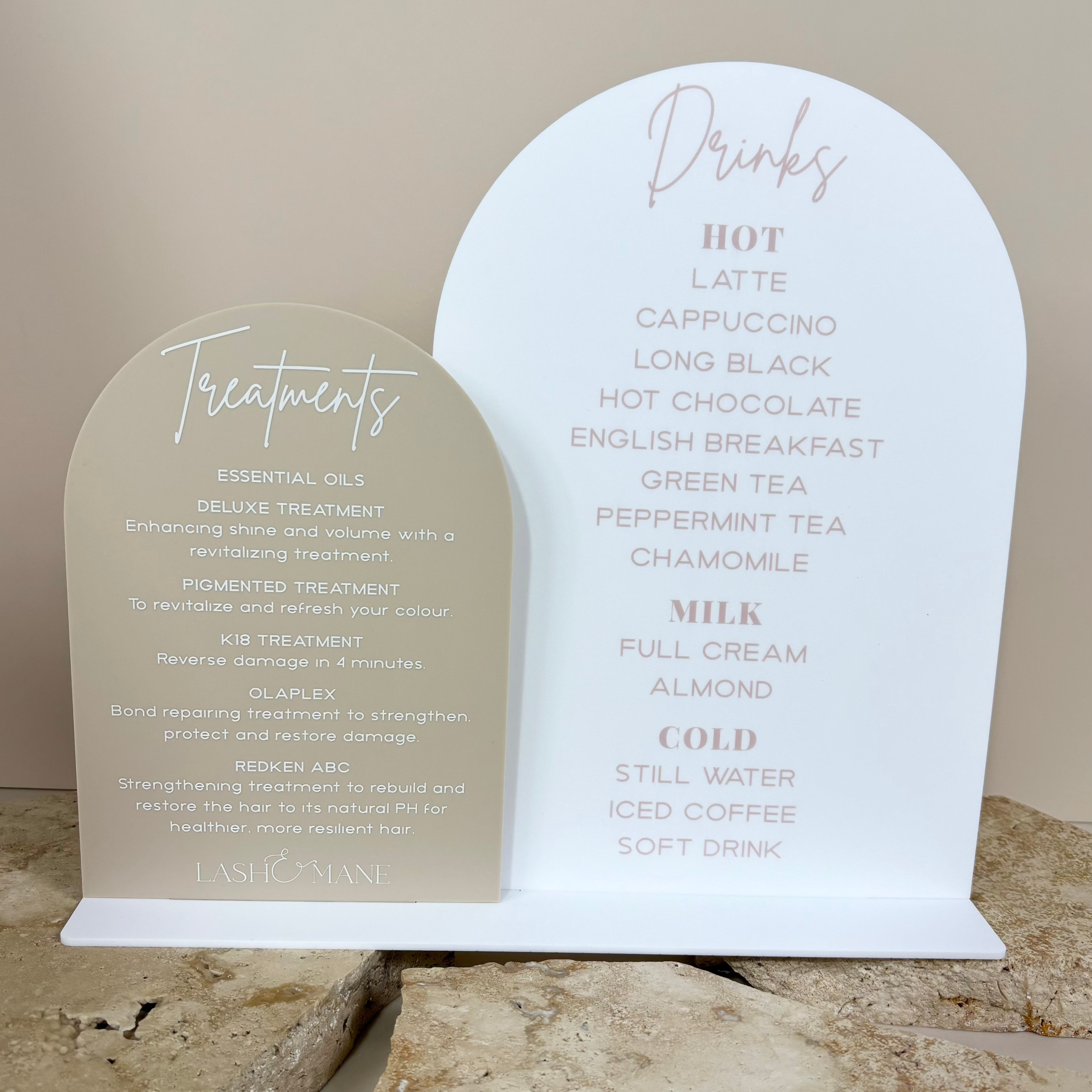 Neutral two-piece acrylic bar and drink menu set for salon counter