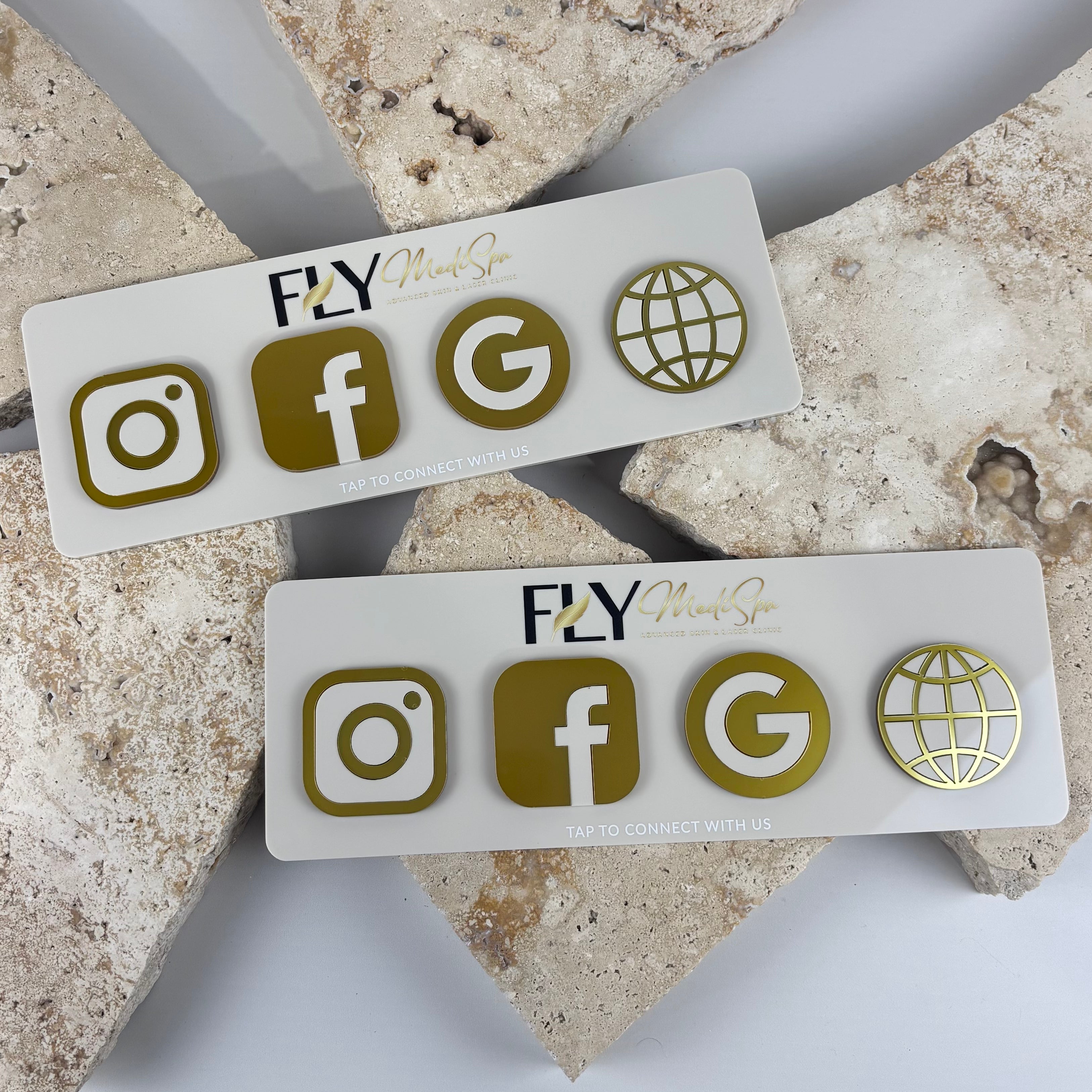 Custom NFC social media stand with Instagram, Facebook, Google Review and website icons, personalised tap-to-connect acrylic business display for beauty salons, cosmetic clinics, med spas and small businesses, contactless customer engagement and review station.