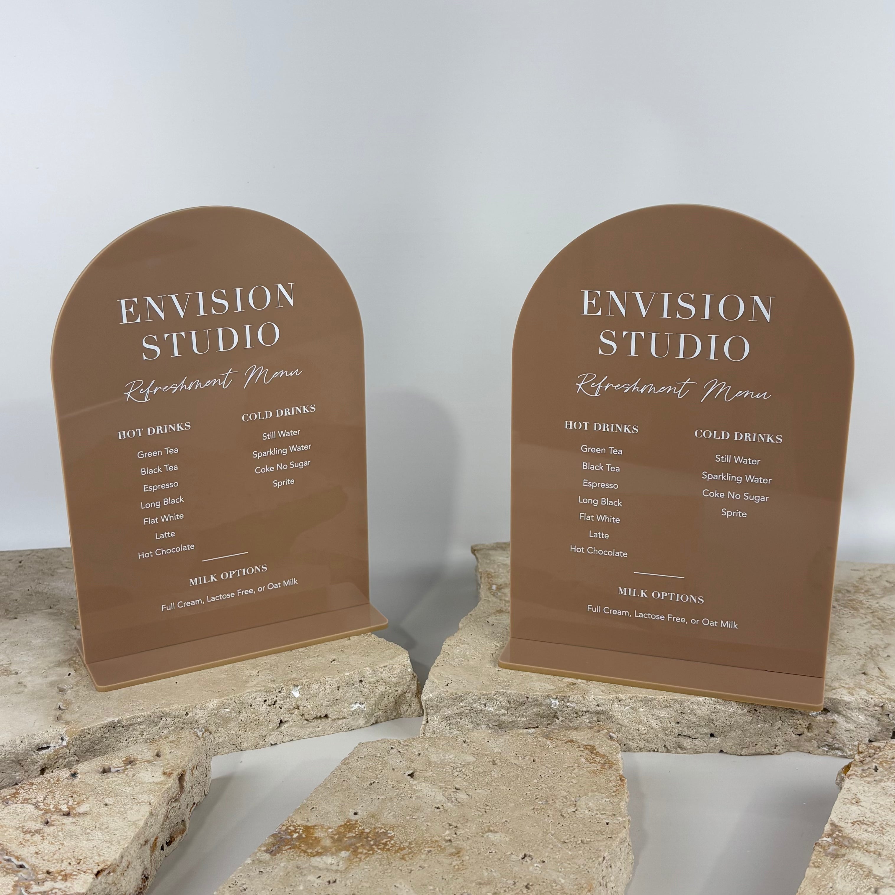 Custom acrylic drink menu signs Australia, arched tabletop menu display for salons and cafes, UV printed refreshment menu sign with modern neutral design