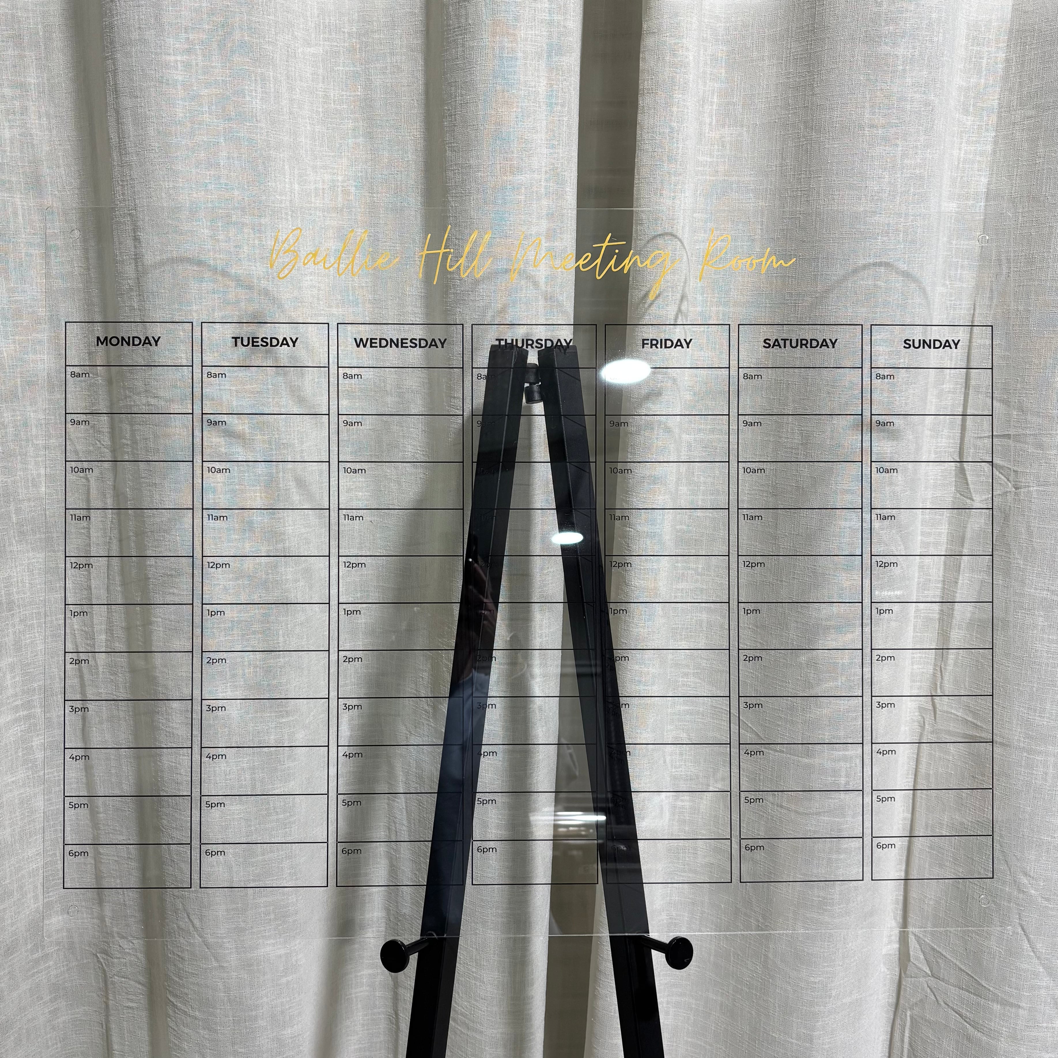 Personalised acrylic weekly meeting room planner sign with time slots, wall mounted office scheduling board Australia