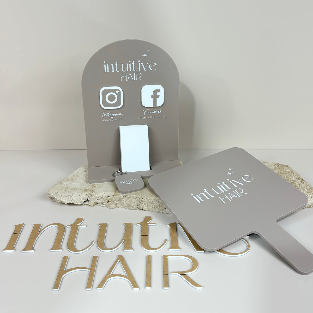 Intuitive Hair lettering sign, handheld mirror and card holder 