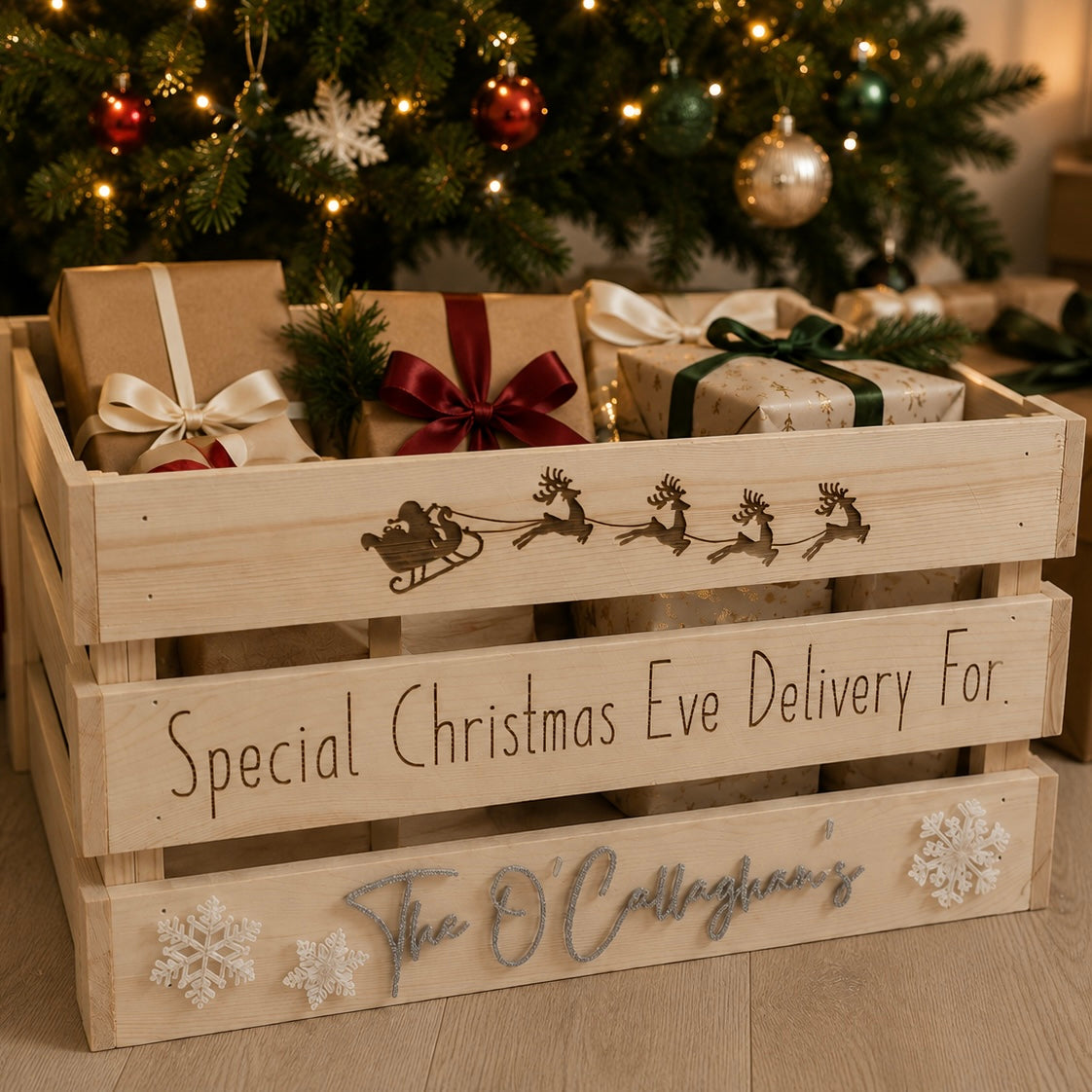 Personalised wooden Christmas Eve box under a decorated Christmas tree, filled with festive treats and gifts. Rustic timber crate engraved with family name, perfect for Christmas Eve boxes, holiday traditions and festive home décor.