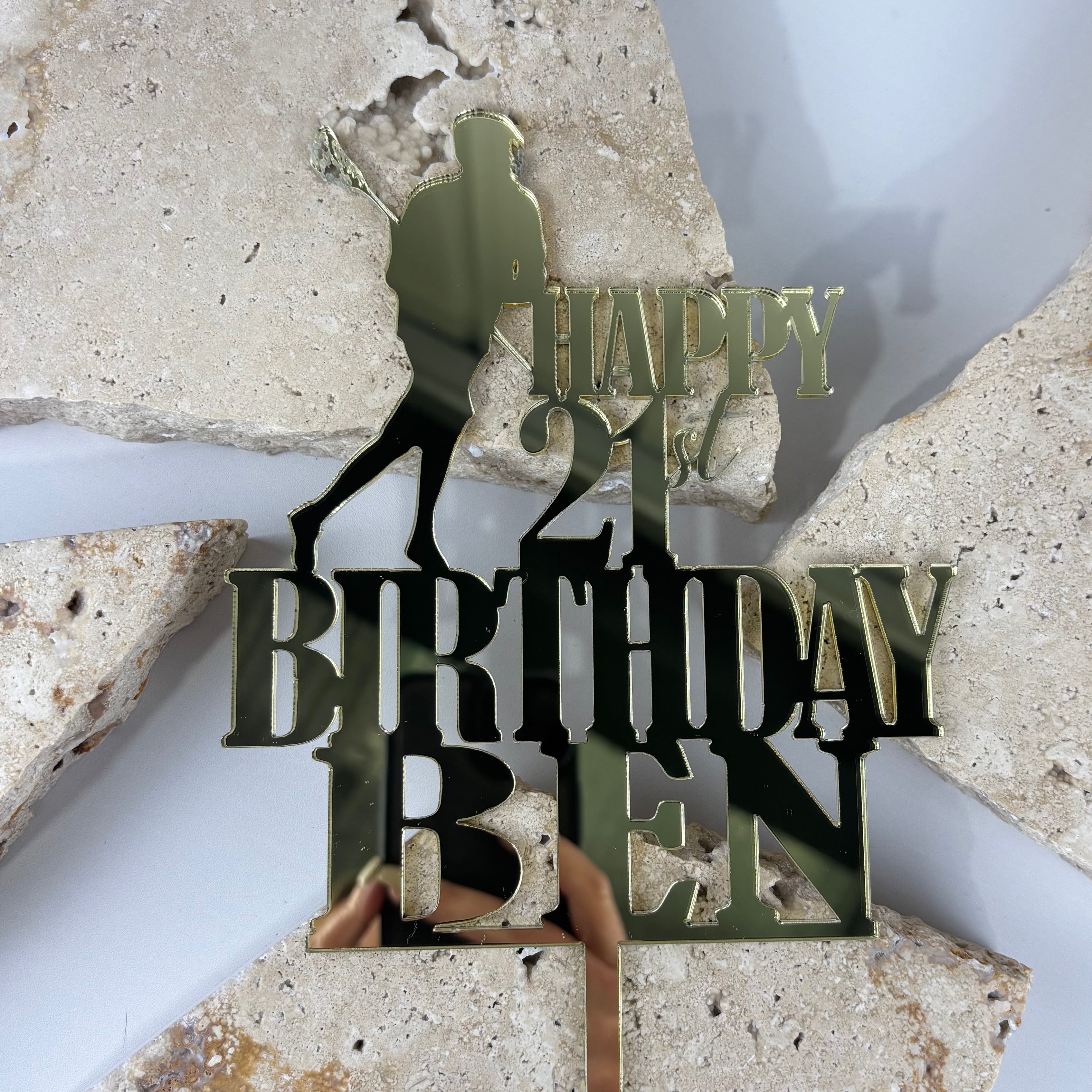 Gold mirror acrylic cake topper Australia, custom golfer birthday cake topper “Happy 21st Birthday Ben” personalised name and age celebration cake decoration