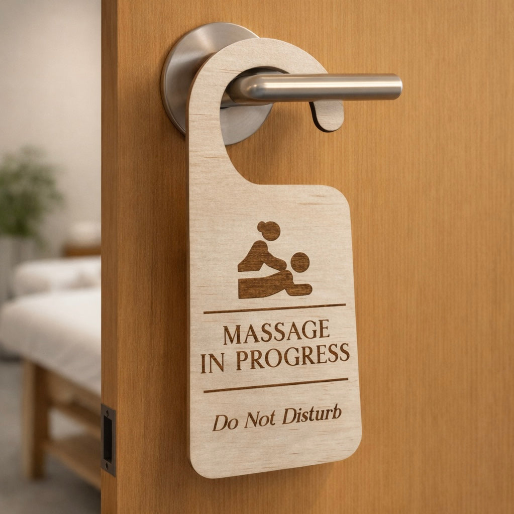 Wooden massage in progress door hanger hanging on spa treatment room door, do not disturb sign
