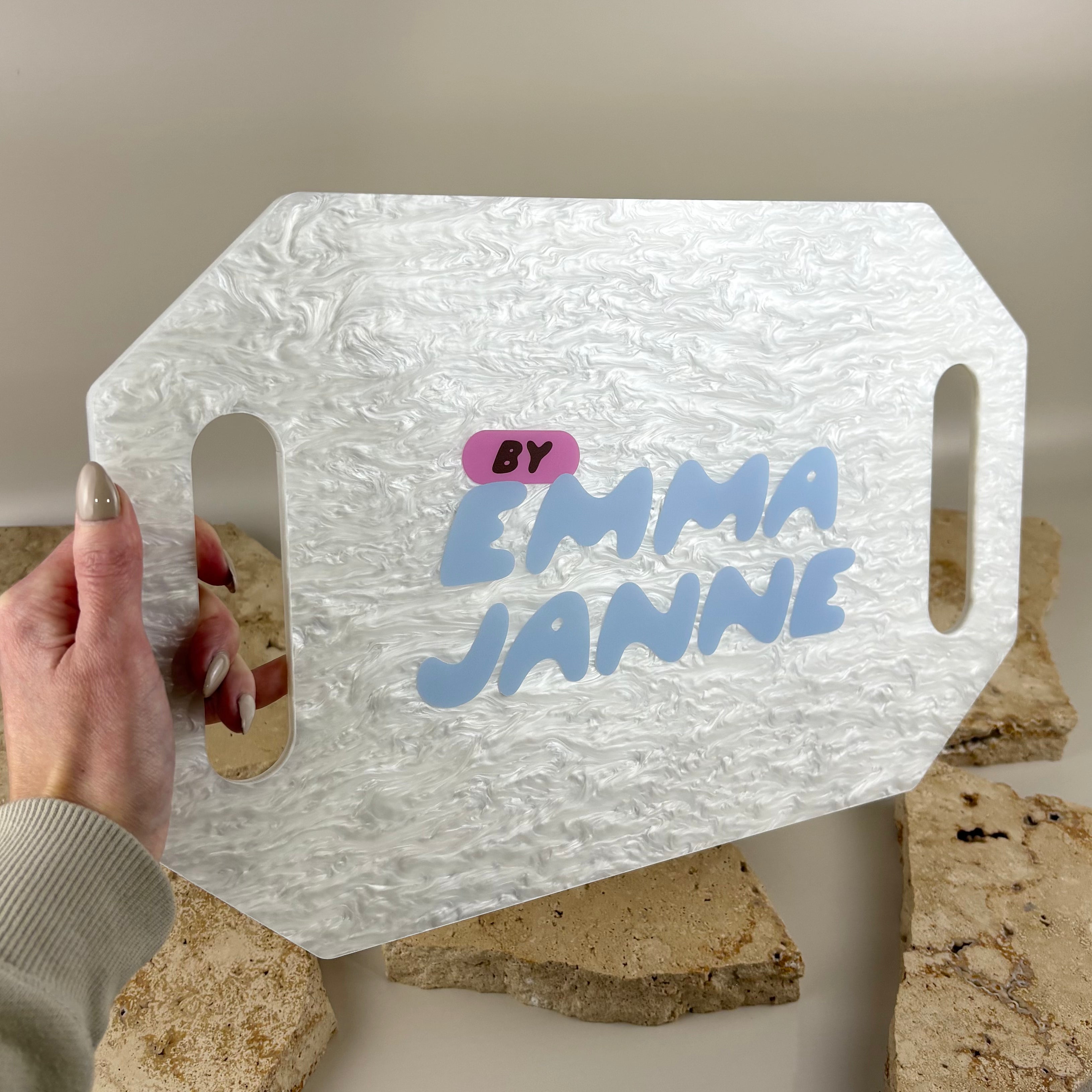 Custom pearl acrylic serving tray with integrated handles and UV printed personalised name, featuring a luxurious marbled finish perfect for bridal gifts, birthdays, home décor, coffee tables and serving drinks in style.