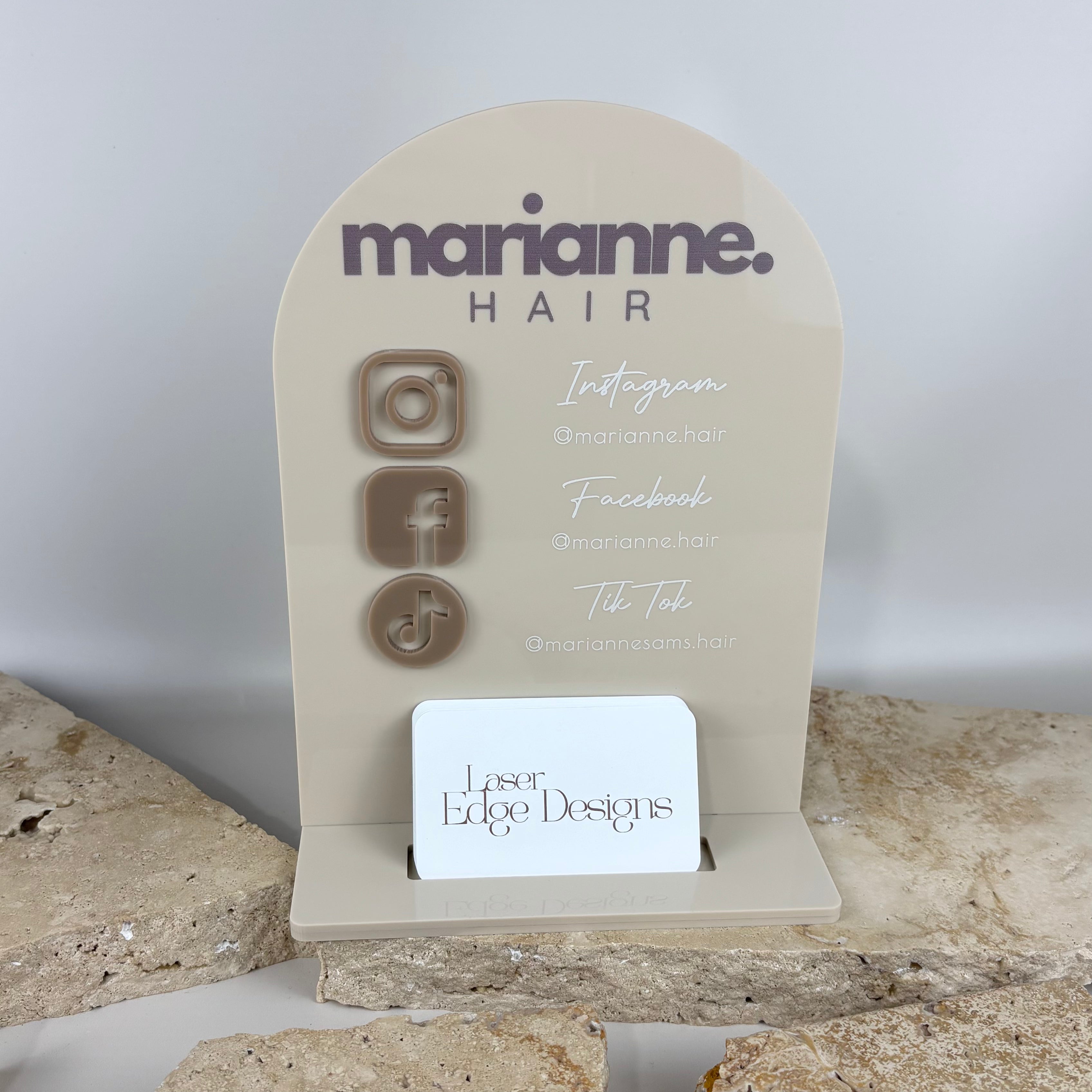 Neutral arch acrylic NFC social media stand for hair salon with Instagram, Facebook and TikTok icons, custom salon counter signage Australia