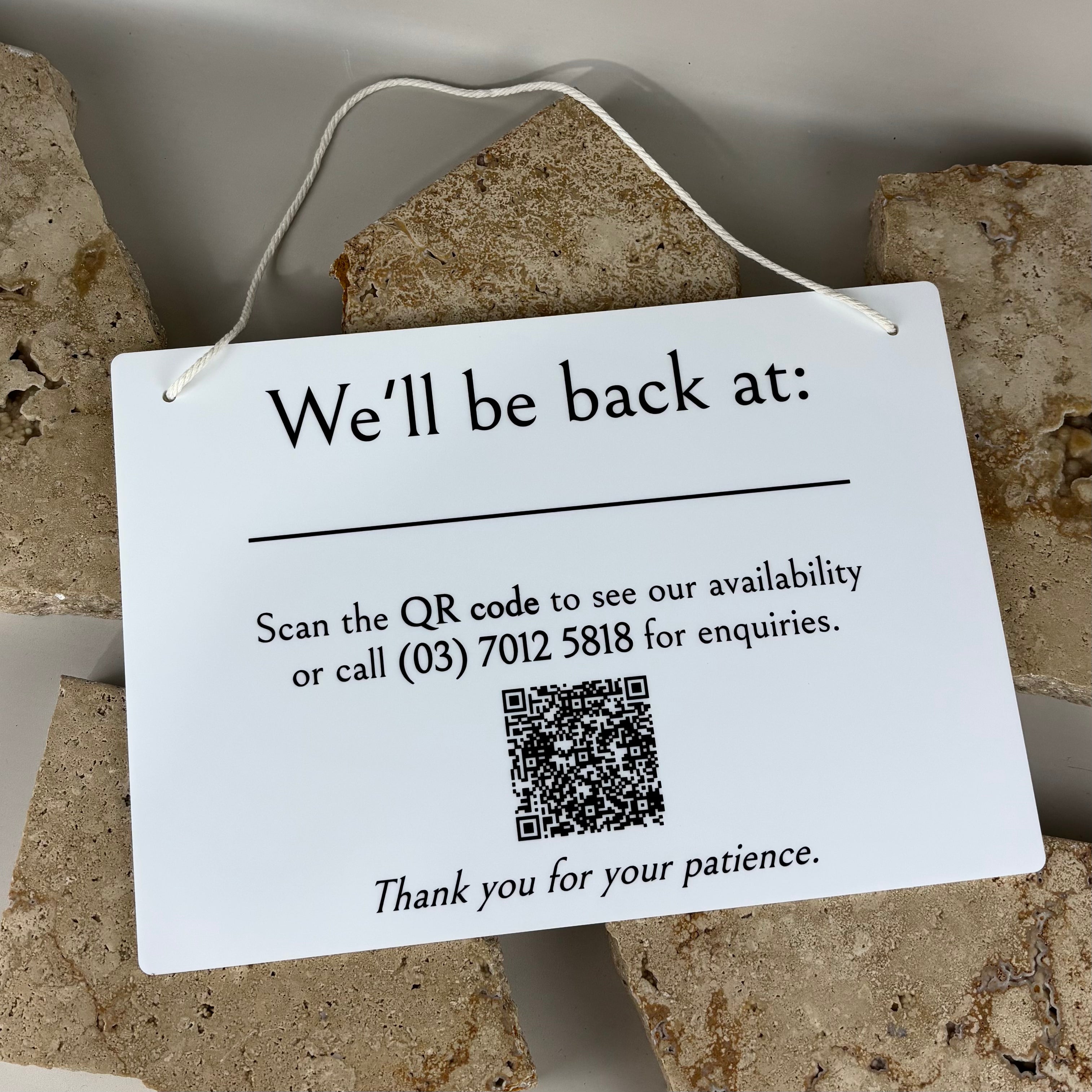 Custom hanging acrylic business sign with rope, “we’ll be back at” door sign with QR code, personalised opening hours sign for shops, salons and clinics, professional out of office notice for retail doors and service businesses.