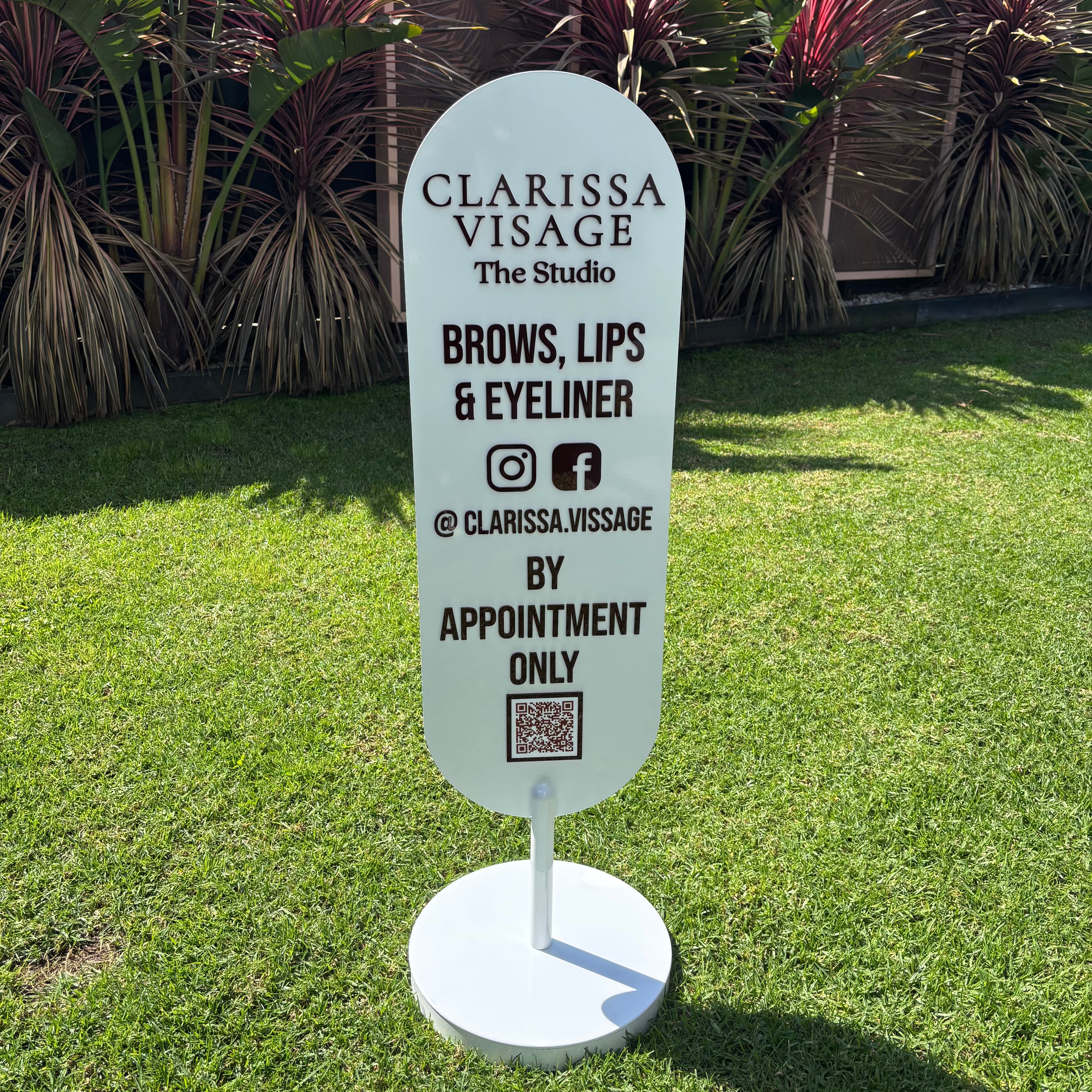 Custom freestanding business sign with personalised branding, service details, social media icons and QR code, ideal for beauty salons, cosmetic studios and appointment-based businesses.
