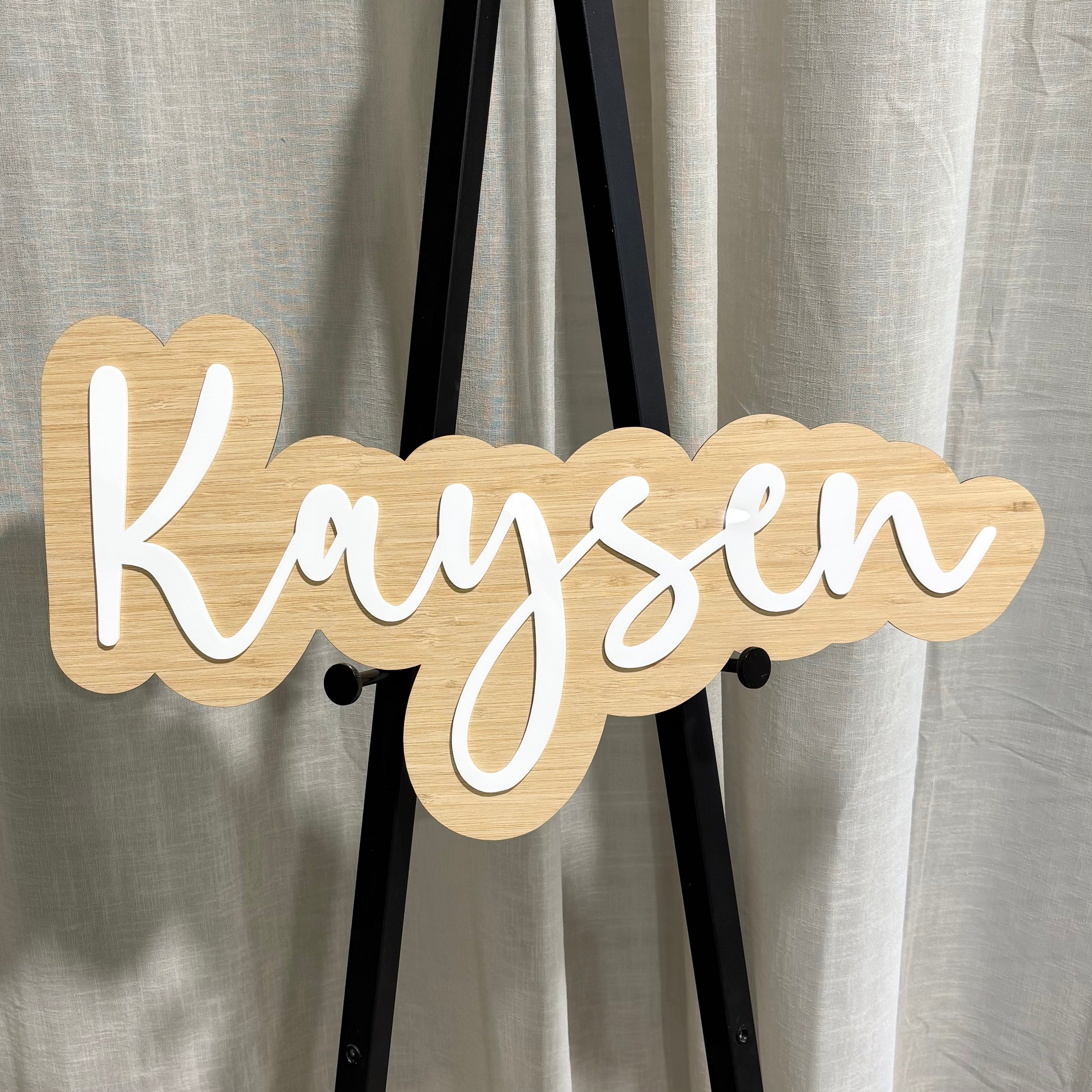 Personalised timber name sign with raised white acrylic lettering, custom children’s name wall sign for nursery, bedroom or playroom décor.