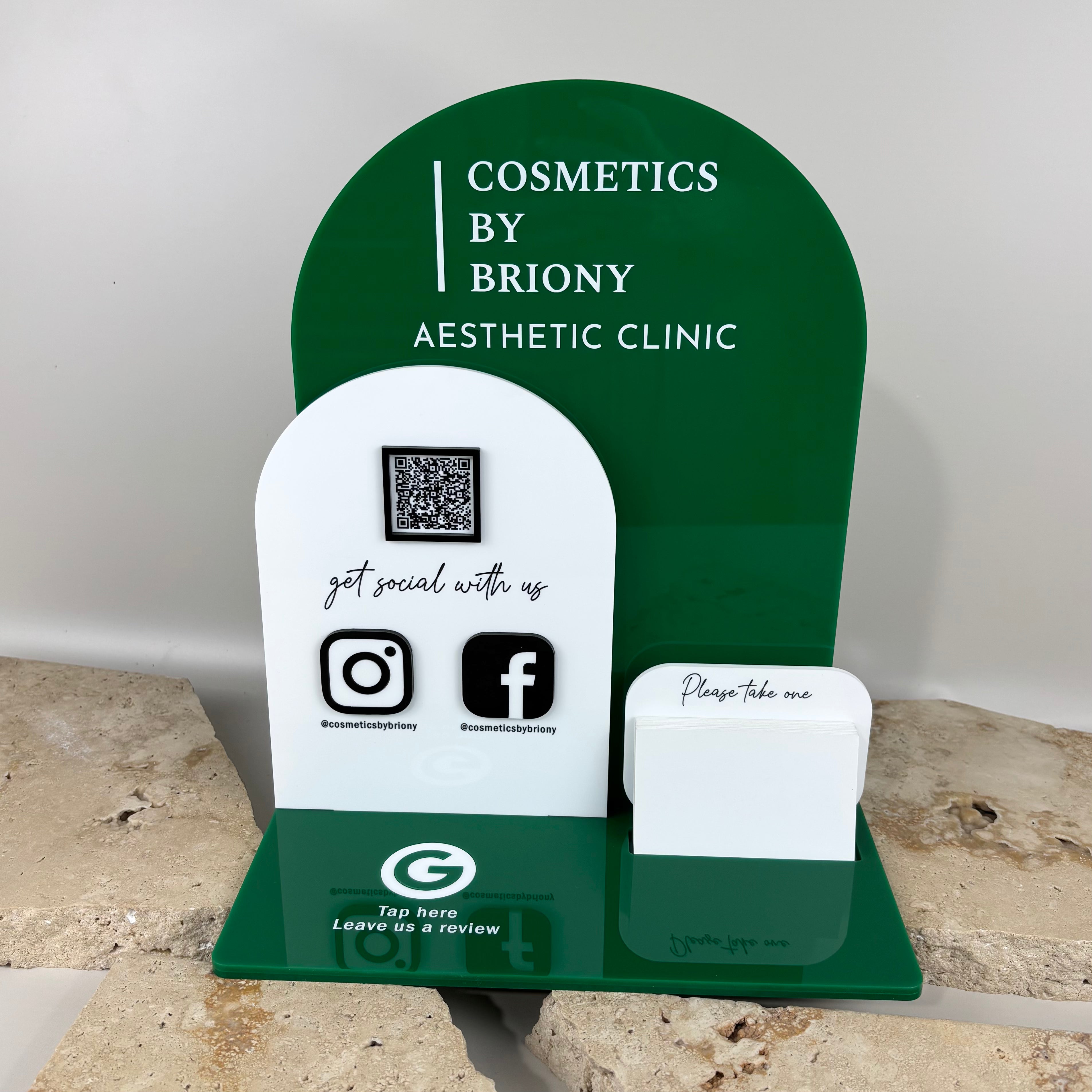 Custom acrylic NFC business station with QR code and social media icons, review and contact display stand for cosmetic clinics and beauty salons, personalised countertop business signage Australia