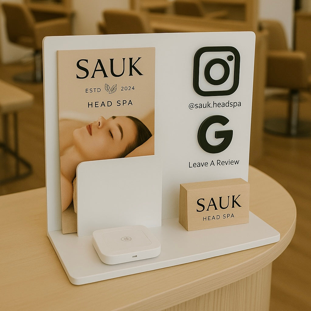 Custom business station stand with brochure and card holder for beauty salons