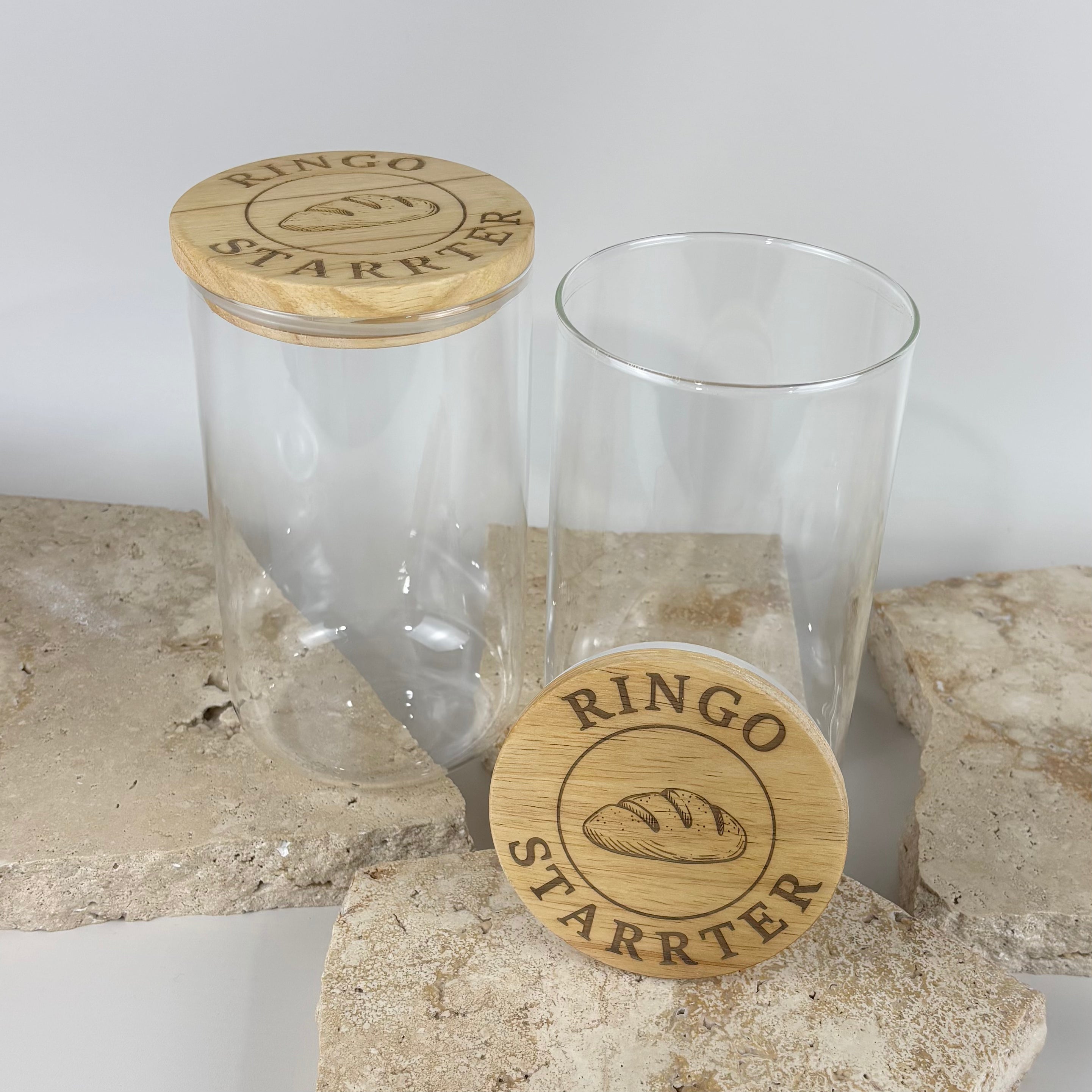 Clear glass pantry jar with engraved bamboo lid personalised with bakery logo