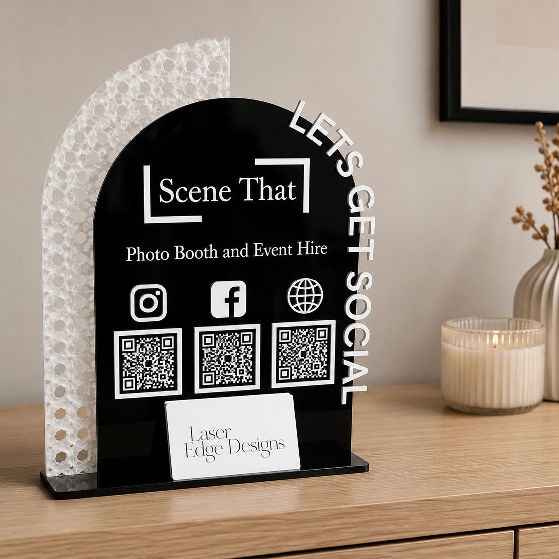 Custom arch social card holder with Instagram, Facebook and website QR codes for beauty salon reception and event business branding