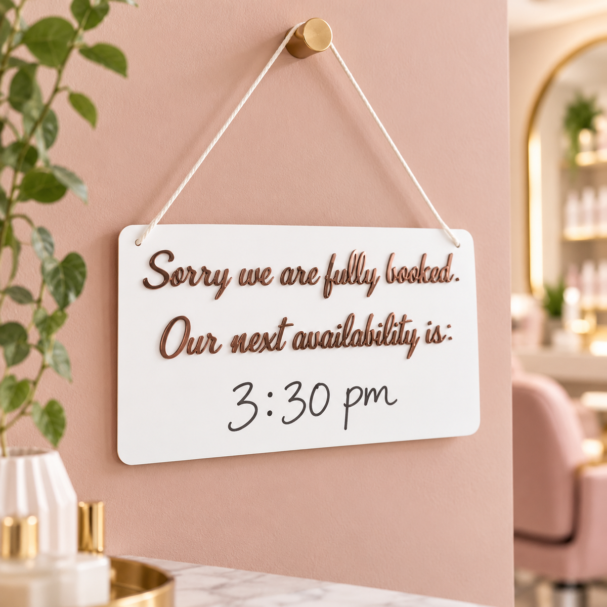 Custom hanging acrylic fully booked sign with raised rose gold lettering and handwritten next available appointment time, styled in a modern beauty salon.