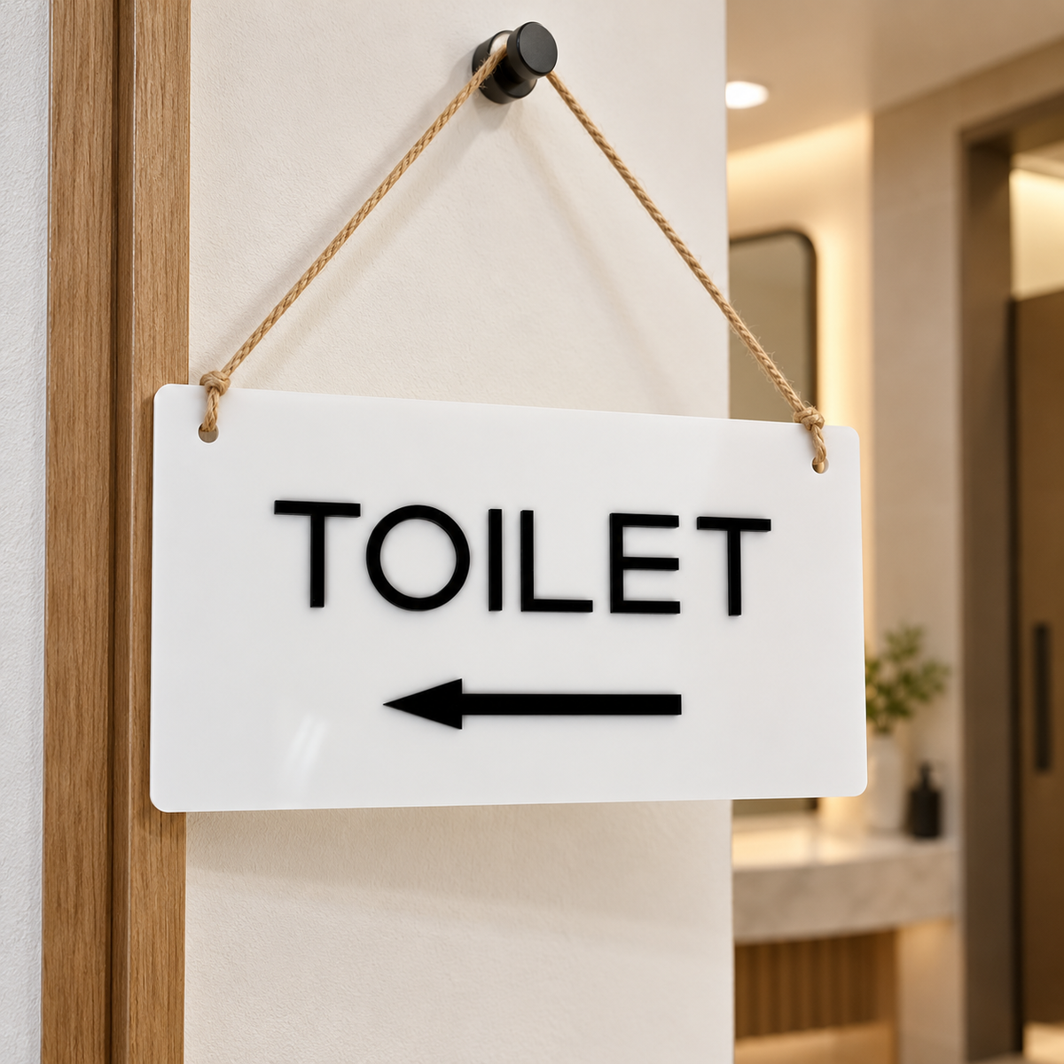 Custom white acrylic toilet direction sign with raised black lettering and left arrow, hanging from cord in a modern interior.