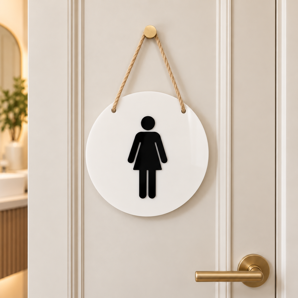 Round white acrylic female toilet sign with raised black icon and natural cord, hanging in the centre of a modern cream restroom door.