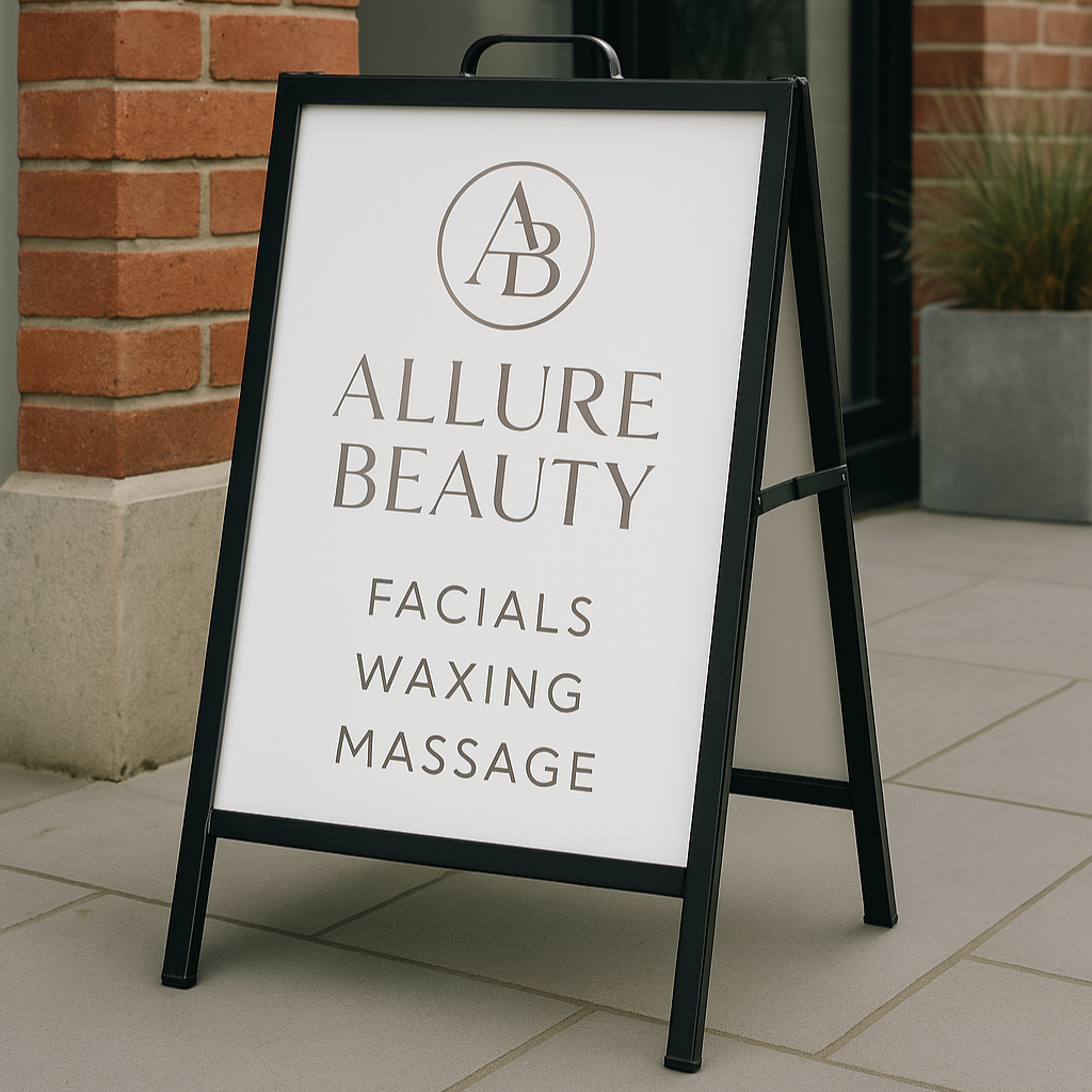 Outdoor portrait A frame sign with Allure Beauty branding in 3D acrylic