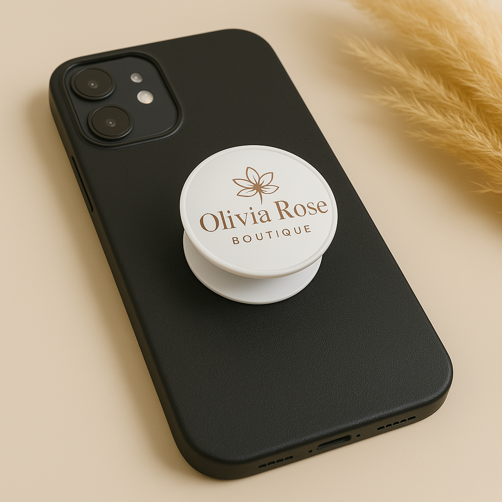 Custom branded phone grip attached to black phone case