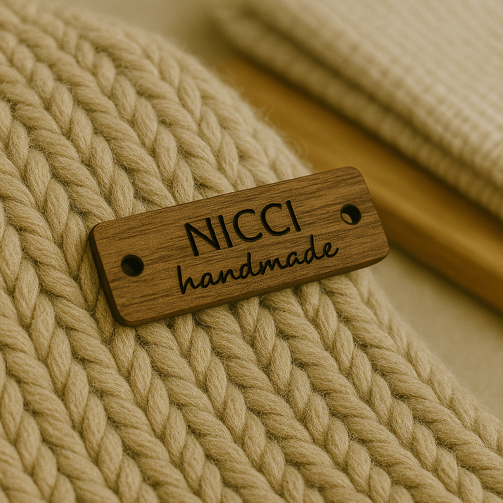 Engraved wooden rectangle product tag with custom handmade logo on knitted item