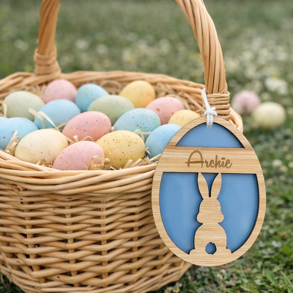 Wicker Easter basket filled with pastel eggs featuring personalised wooden bunny name tag, Easter egg hunt basket for children