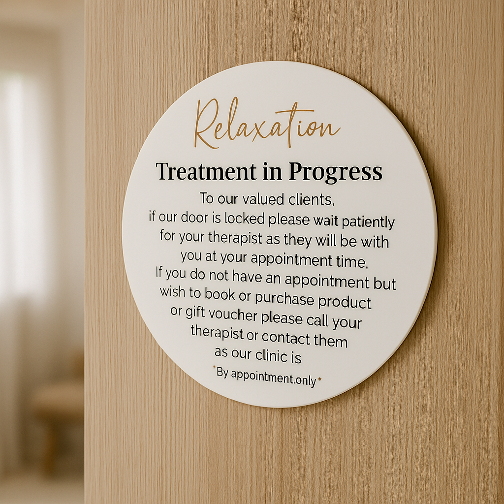 Round acrylic treatment in progress door sign with engraved text on timber background