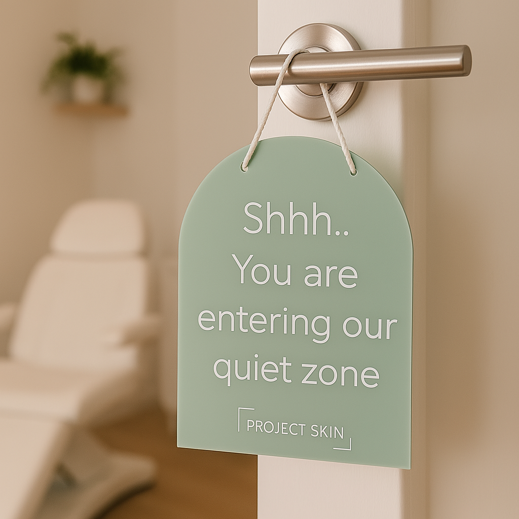 Green mini arched salon door sign with text “Shhh… You are entering our quiet zone,” hanging on a treatment room door