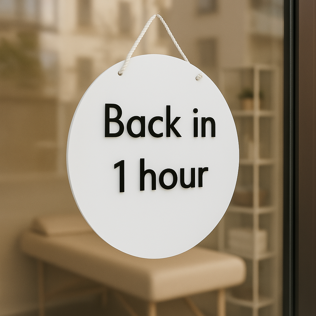 Double sided break time door sign with Back in 1 Hour text – custom business sign for salons and offices