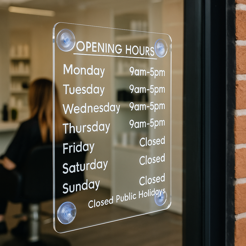 Custom acrylic opening hours sign 