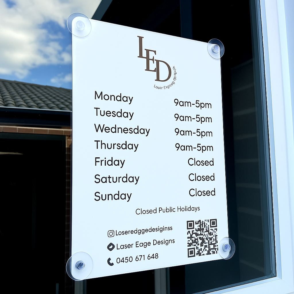 Custom acrylic opening hours sign 