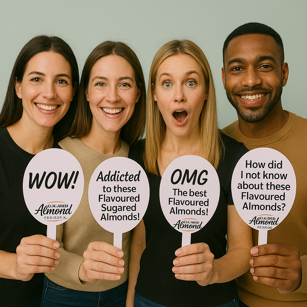 Group of people holding custom prop paddles with fun event phrases