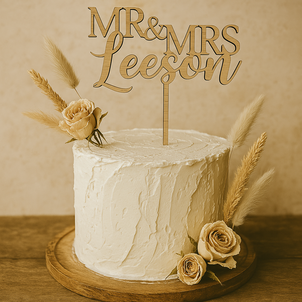 Mr and Mrs Leeson personalised bamboo wedding cake topper rustic style