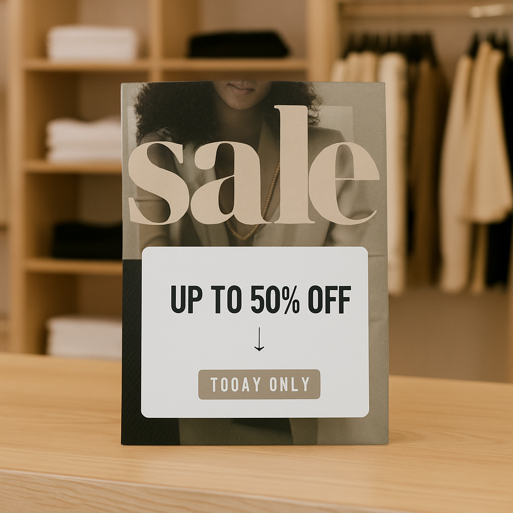 Freestanding acrylic sale sign with custom message for retail counters