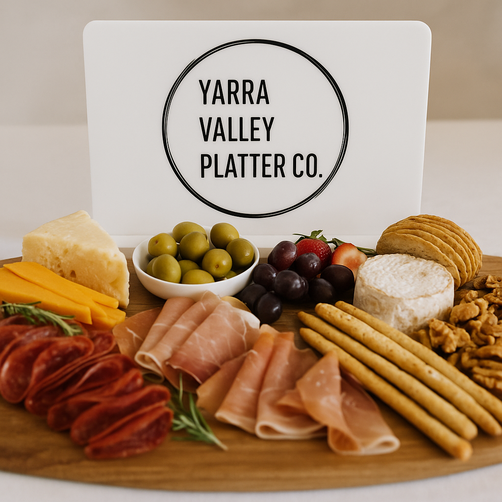 Charcuterie display with double sided acrylic stand featuring Yarra Valley Platter Co logo – custom business signage for food events and grazing tables