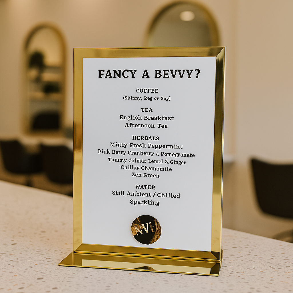 Custom acrylic drink menu sign with gold base for events or bars