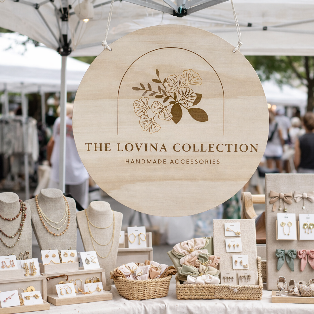 Custom engraved timber business sign hanging at market stall, The Lovina Collection handmade accessories signage, round wooden logo sign with botanical engraving, small business market display Australia, jewellery and accessory stall branding sign, laser engraved timber sign for market setup