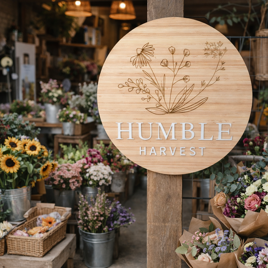Custom round bamboo business sign for florist, Humble Harvest engraved timber signage with raised acrylic lettering, rustic flower shop branding sign Australia, laser engraved floral logo wooden sign, boutique florist display with natural wood aesthetic