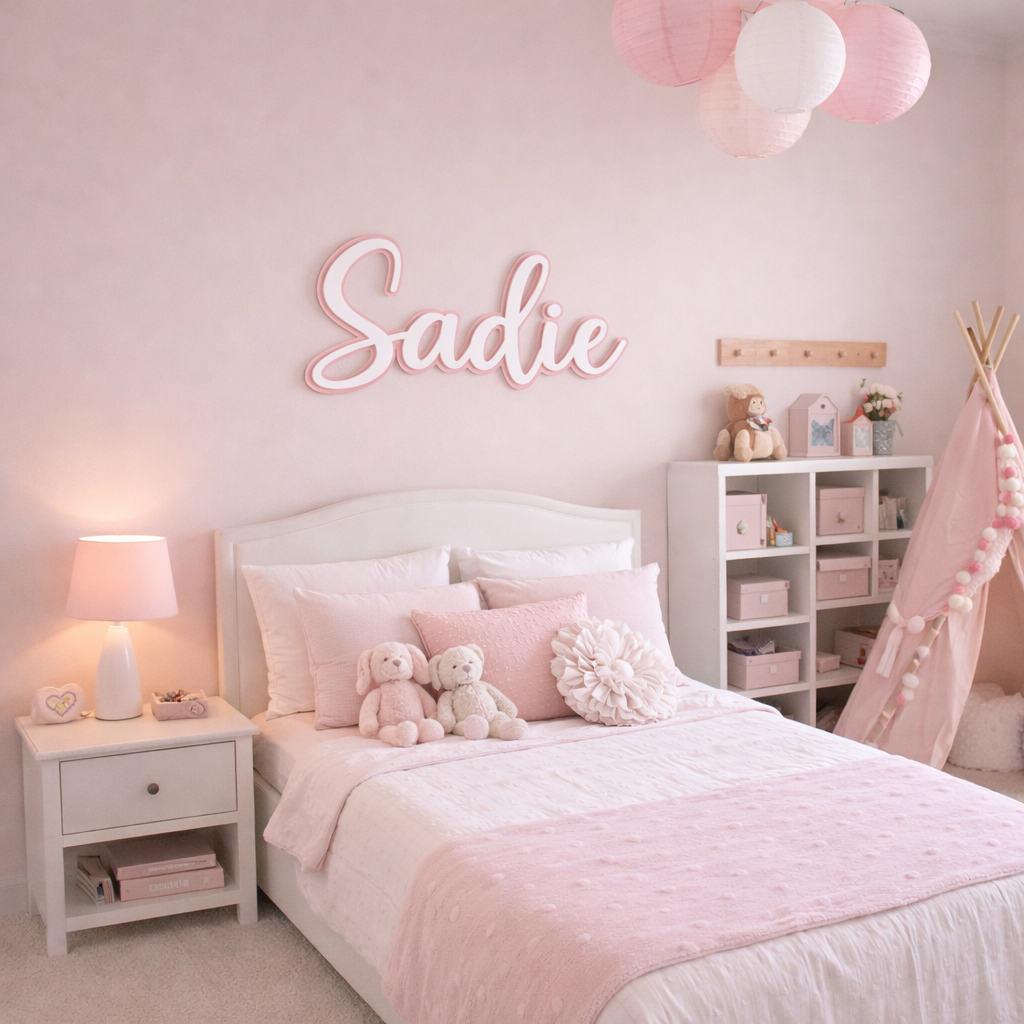 Custom acrylic name sign for girls bedroom wall decor, Sadie personalised name sign in pink and white layered acrylic, kids bedroom wall name signage Australia, custom nursery name sign above bed, modern girls room decor personalised wall name