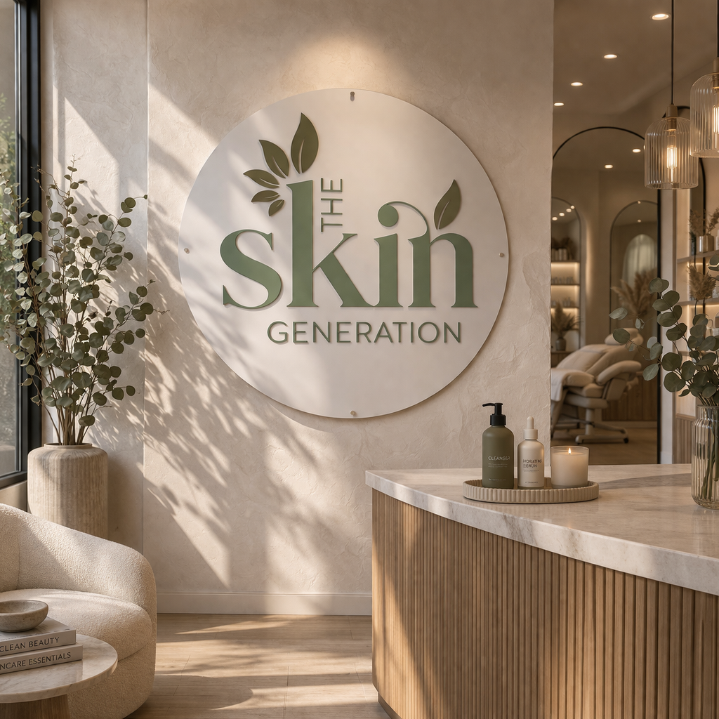 Custom round acrylic business sign with 3D raised sage green lettering reading “The Skin Generation” mounted on a neutral textured wall inside a modern aesthetic skincare salon, featuring a minimalist reception desk, soft natural lighting, indoor greenery, and luxury spa-inspired interior design, ideal for branding beauty clinics and cosmetic businesses in Australia