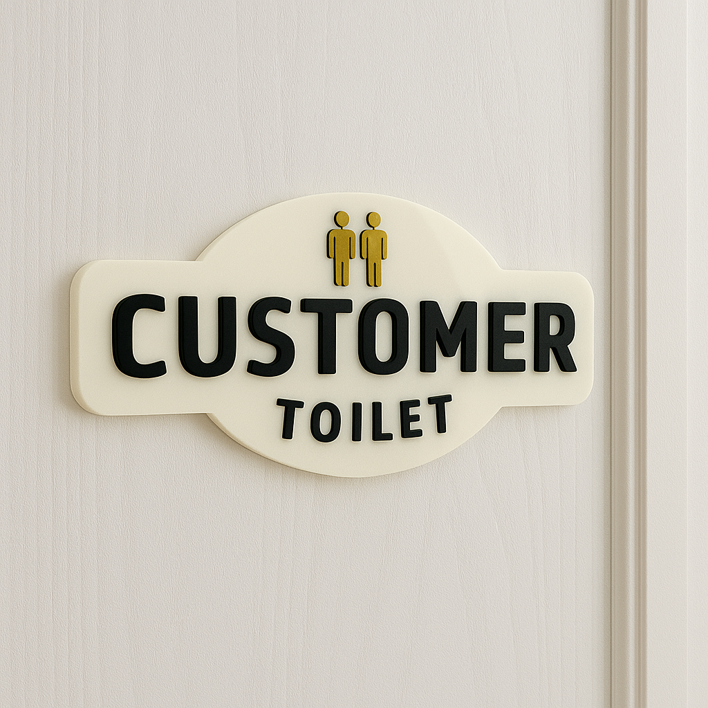 Customer toilet door sign in cream acrylic with black text mounted on a restroom door