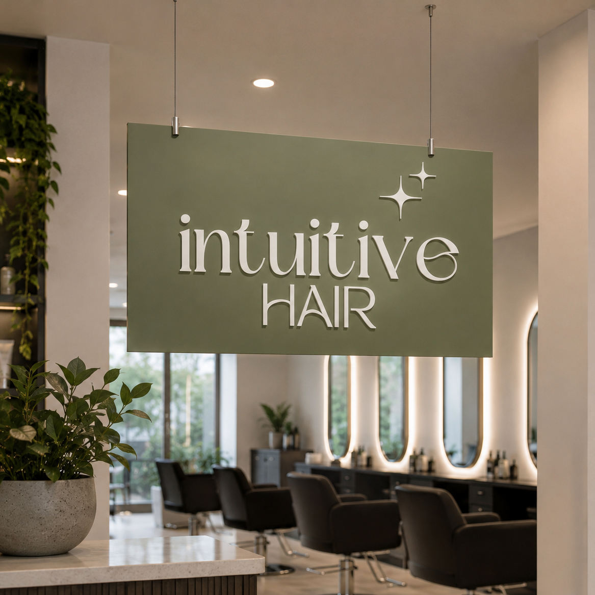 Modern suspended acrylic salon sign with cable hanging system featuring 3D white lettering on sage green background inside luxury hair salon reception space in Australia