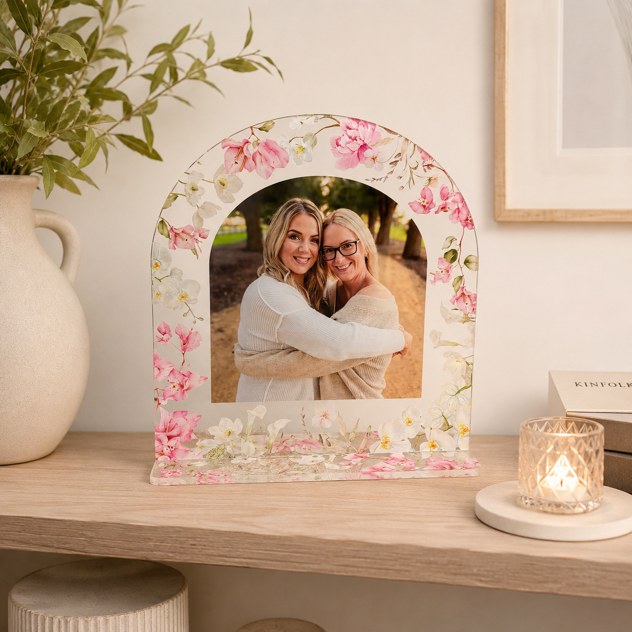  Personalised bloom arch photo stand displayed on a modern wooden shelf with floral acrylic frame, custom family photo plaque, Australian made home decor gift