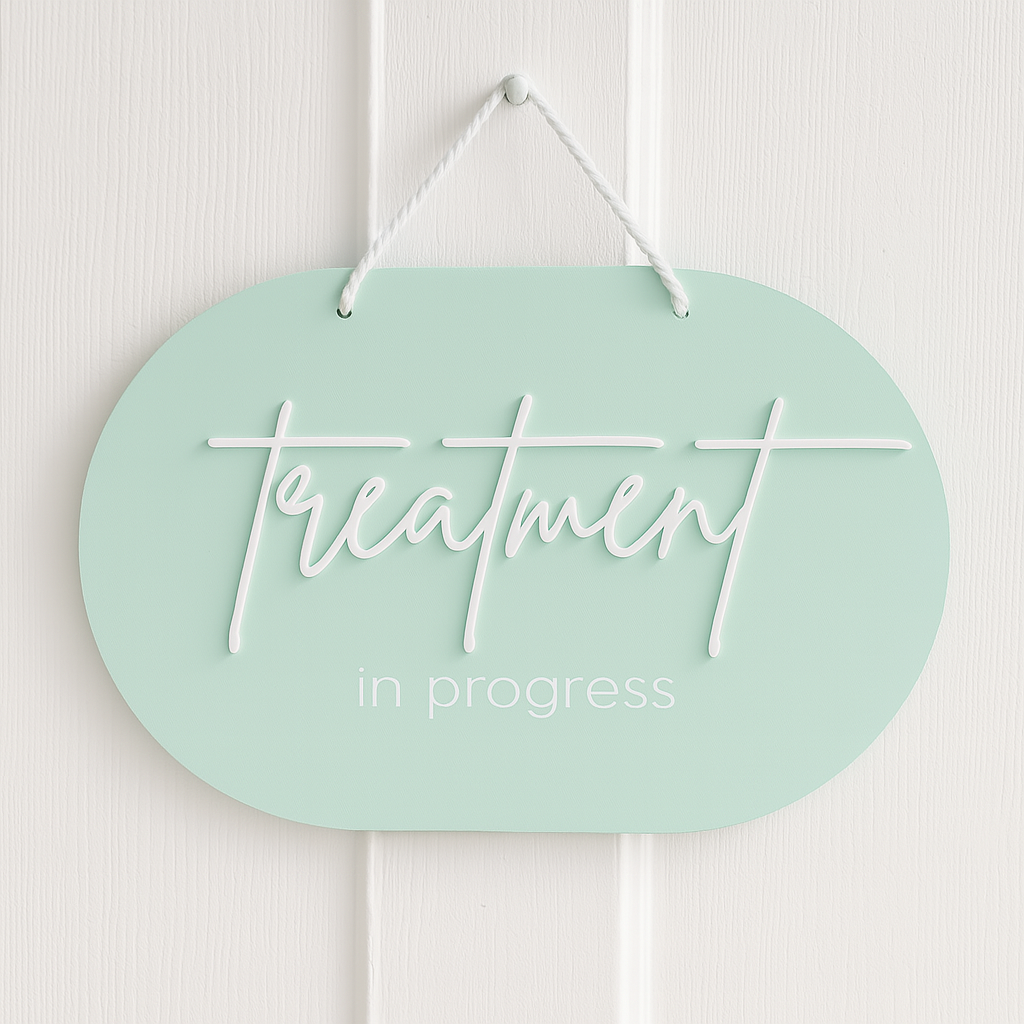 Double sided treatment in progress sign for salons – mint green acrylic door sign with hanging cord