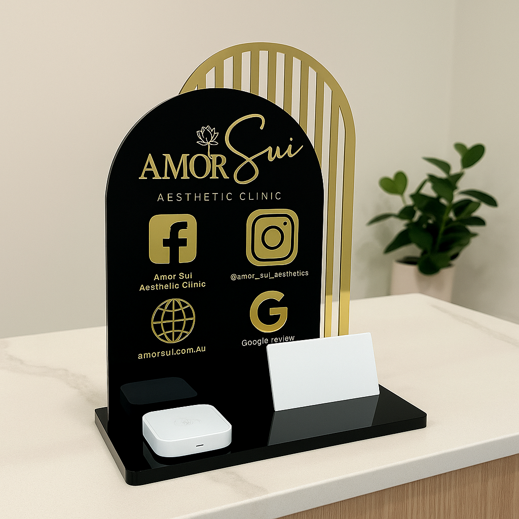 Custom NFC luxe social display for salon or clinic with Instagram and Google icons – black and gold counter sign for Australian businesses