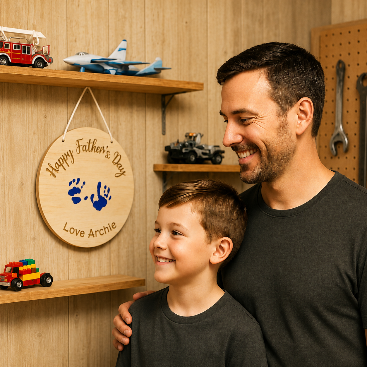 Father and son standing beside a personalised wooden Father’s Day handprint plaque in a warm home workshop, showcasing a custom engraved timber keepsake gift for dads from kids.