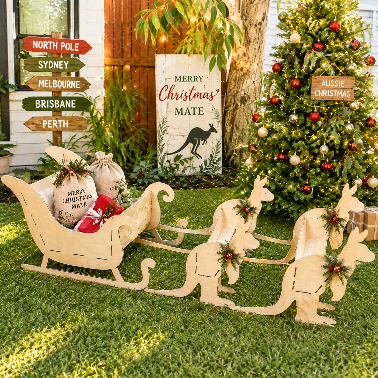 Outdoor Christmas yard decoration set featuring a light wood sleigh with kangaroo-shaped pull figures, holiday stockings, a sign reading 'Merry Christmas Mate', directional signposts, and a decorated Christmas tree on a lawn.