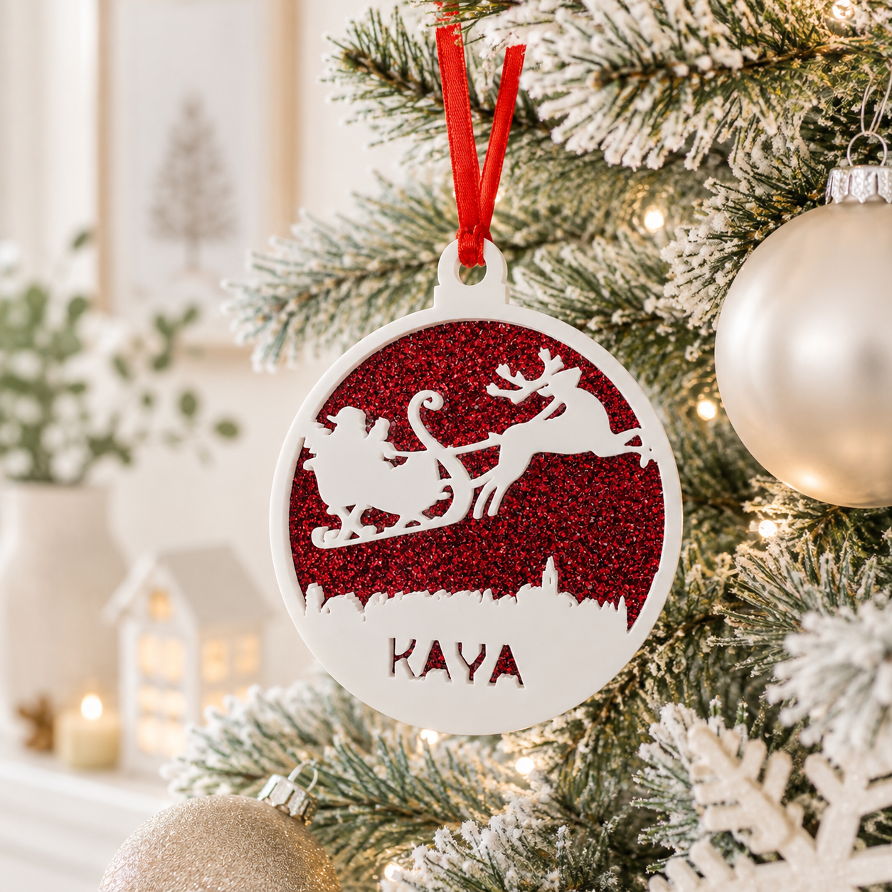 Personalised red glitter acrylic Christmas bauble with Santa sleigh and reindeer design, custom name Christmas tree ornament.