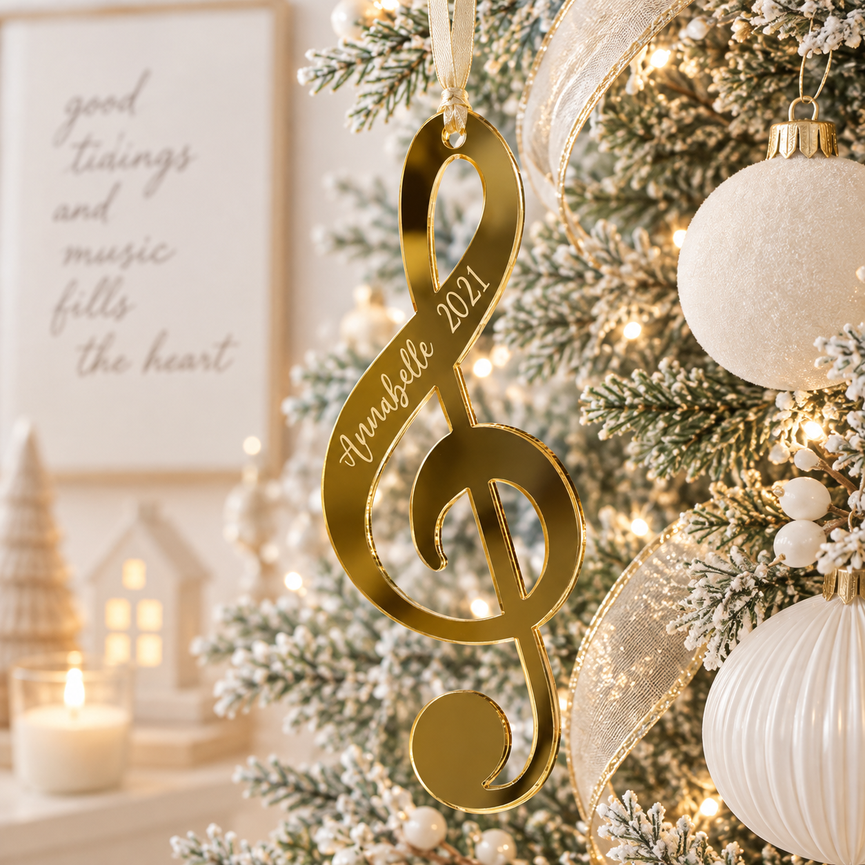 Personalised gold mirror acrylic treble clef Christmas bauble with custom engraved name and year, hanging on a modern frosted Christmas tree.
