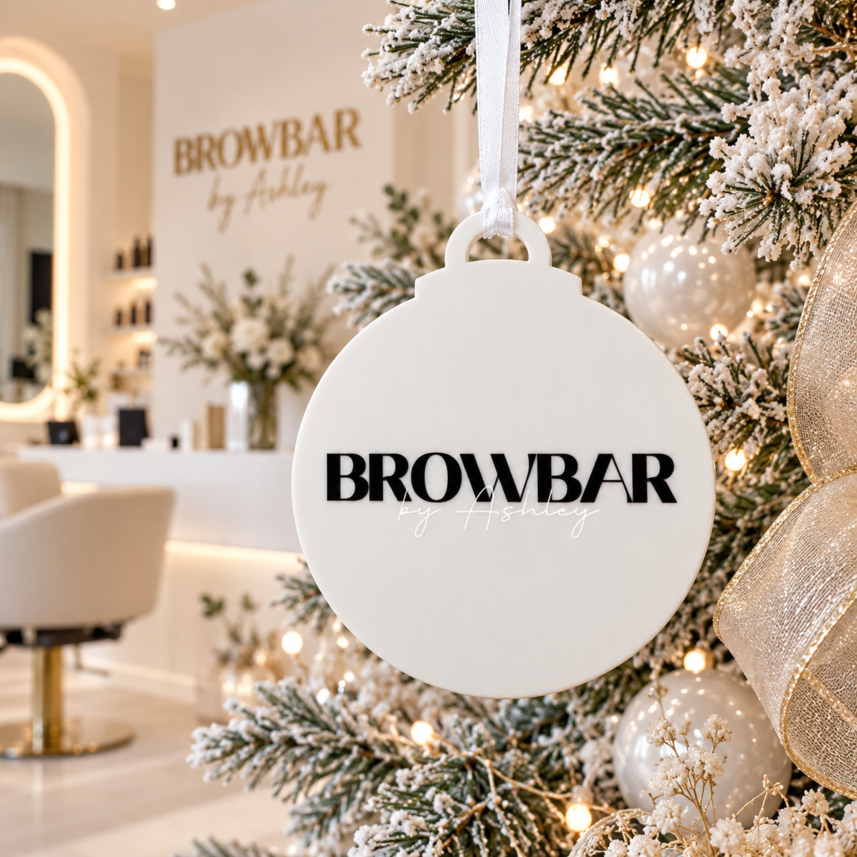 Personalised business logo Christmas bauble with custom BROWBAR by Ashley branding, displayed on a modern Christmas tree in a beauty salon.