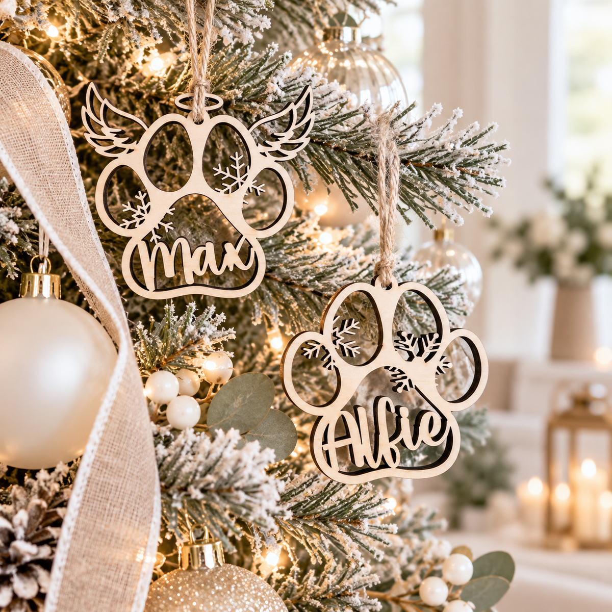 Personalised wooden dog paw Christmas baubles with custom pet names, hanging on a light modern Christmas tree with neutral festive decorations.